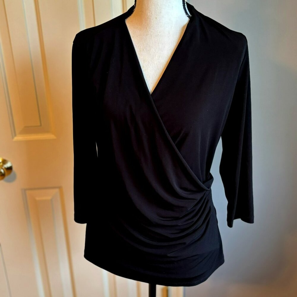 Jones Studio Long Sleeved Faux Wrap Front Black Blouse, Size Medium